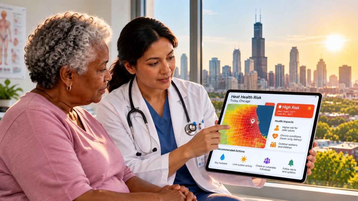 A clinician shows an older patient a tablet with a heat health risk map and recommended actions, city skyline behind