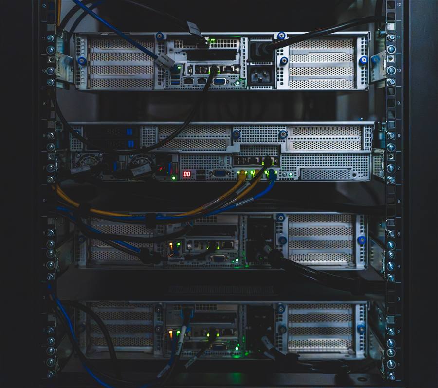 Server rack with active network cables and indicator lights